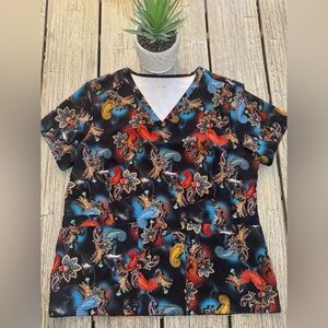 Women's Black Paisley Print Scrub Top, Size Large